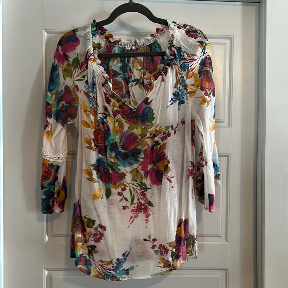 Spense Pink and Yellow Puff Sleeve Floral Blouse